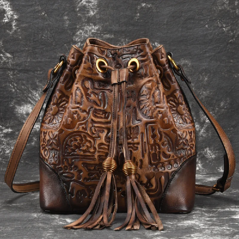 Scratch-Resistant And Luxury Sale Bags Womens Brown Leather Crossbody Bucket Bag Western Purse With Fringe for Women