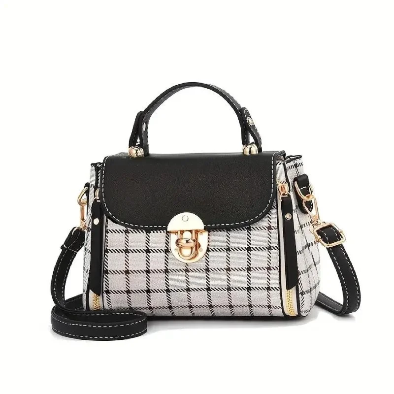 Stylish Looks Classic Houndstooth Crossbody Bag with Gold Accents