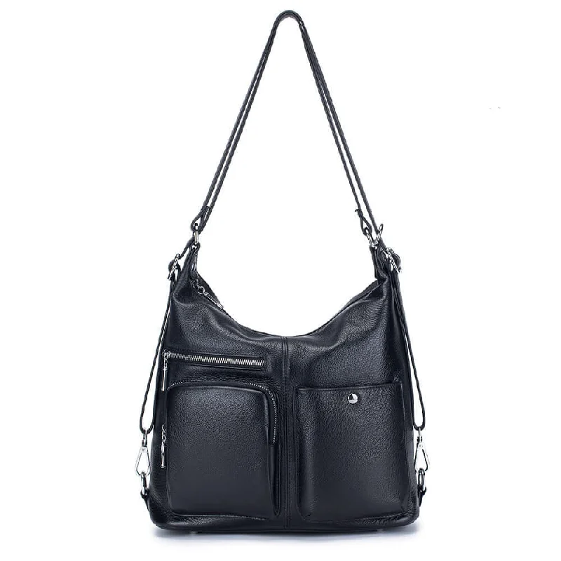 Sleek And Seasonal Sale Bags Multi-Way Women's Leather Backpack - Black Shoulder & Crossbody Bag NZ