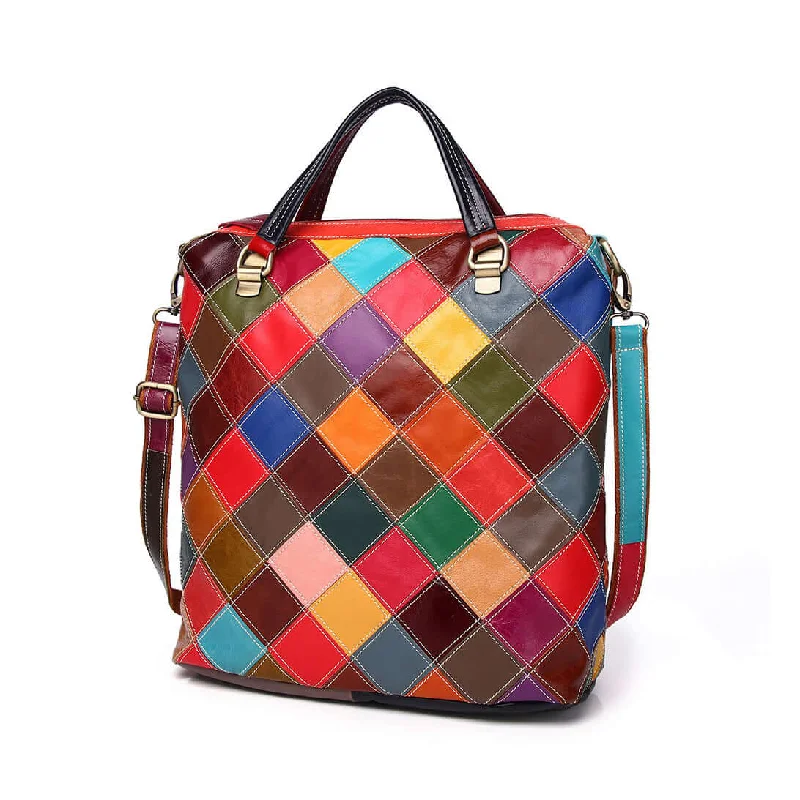 Black Friday Deals On Stylish Handbags Women's Leather Multi-Style Colorful Patchwork Backpack - Shoulder & Crossbody