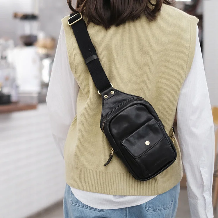 Break Fashion Norms Cool Black Leather Chest Sling Bags For Women