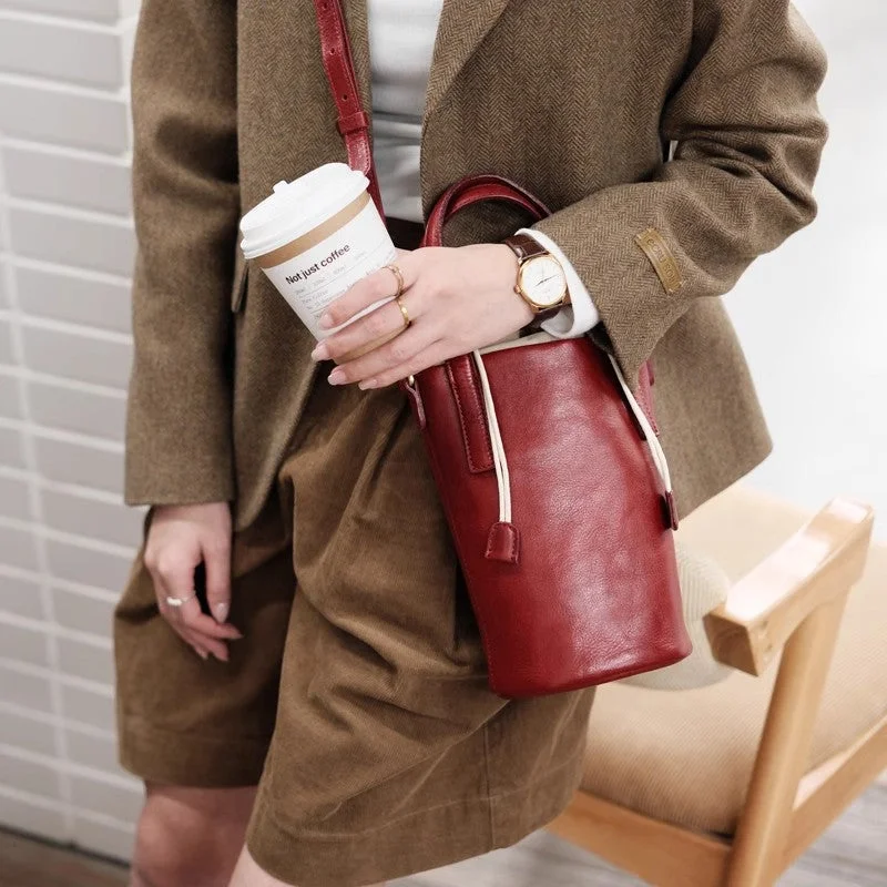 Trendy Bags For Sales Vintage Women's Leather Drawstring Bucket Bag Leather Crossbody Purse