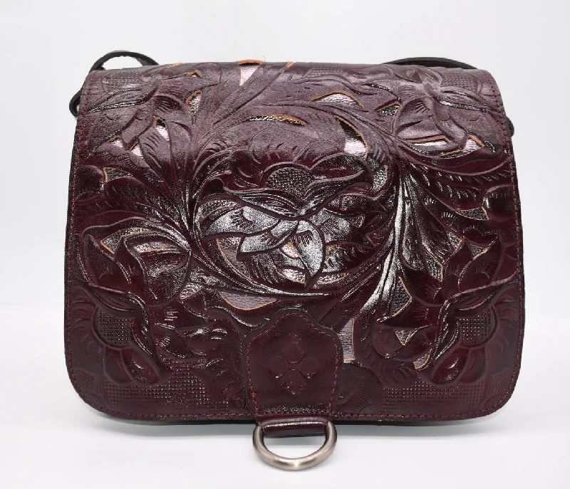 Trendy And Discounted Designer Handbags Patricia Nash Ilina Cut Out Tooled Leather Flap Crossbody in Plum