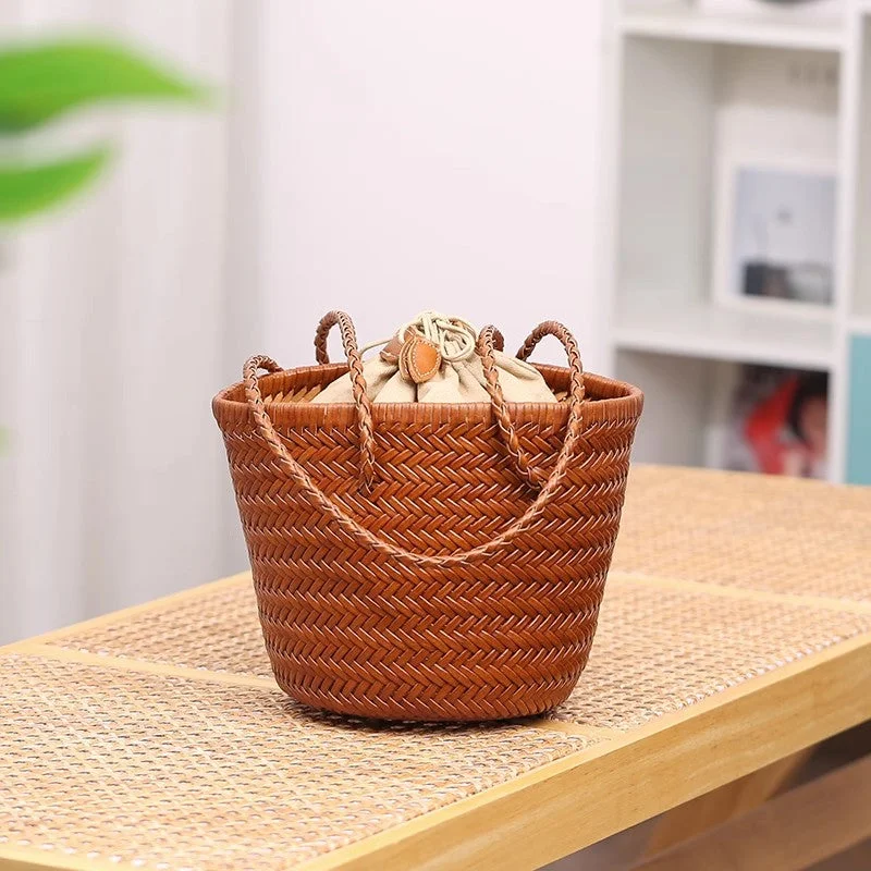 Sophisticated Fashion Boho Womens Leather Woven Bucket Shoulder Bag With Drawstring Inner Pouch Brown Shoulder Bag