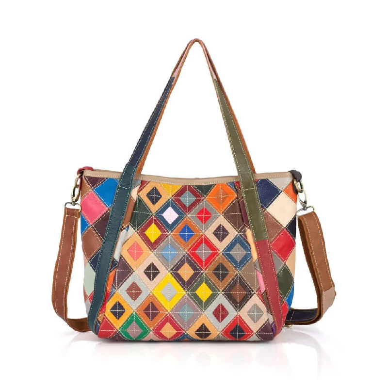 Bold Fashionistas Versatile Leather Tote Bag with Colorful Patchwork – Handheld, Shoulder & Crossbody