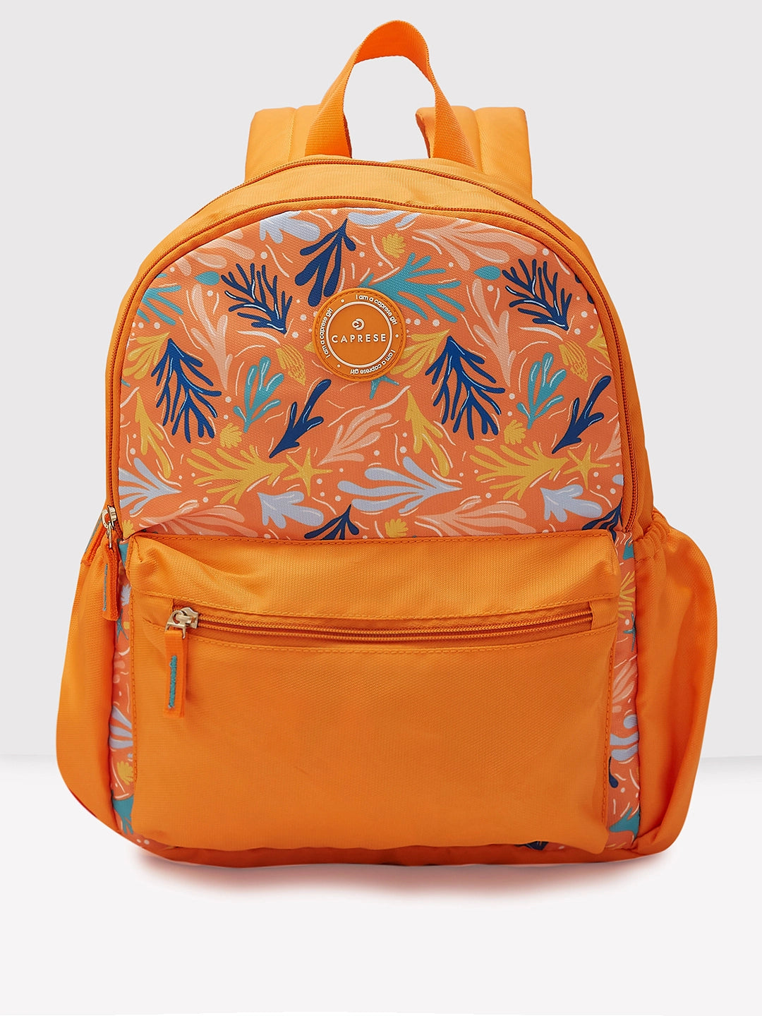 Discounted Designer Bags For Clearance Sale Caprese Xenia Backpack Medium Dual Compartment Orange Printed