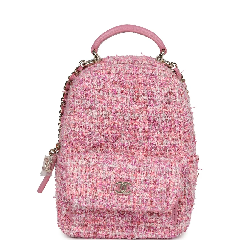 Chic And Clearance-Priced Tote Bags Chanel Mini Phone Holder Backpack with Chain Pink Multicolor Tweed Light Gold Hardware