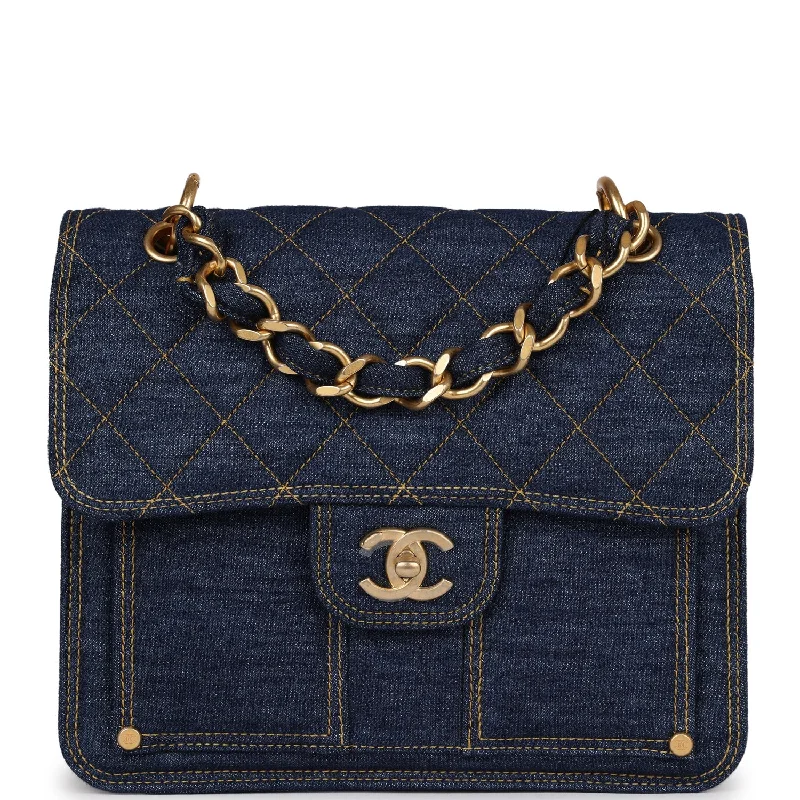 Luxury Bags On Sale Chanel Square Flap Backpack Blue Denim Antique Gold Hardware