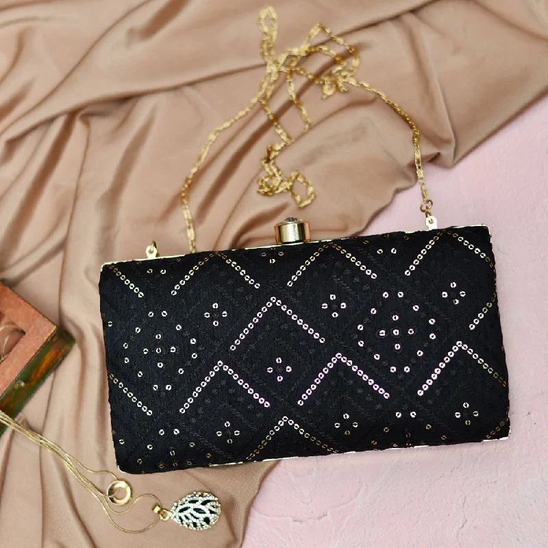 Wholesale Bags For Resellers Black Embroidered Rectangular Clutch