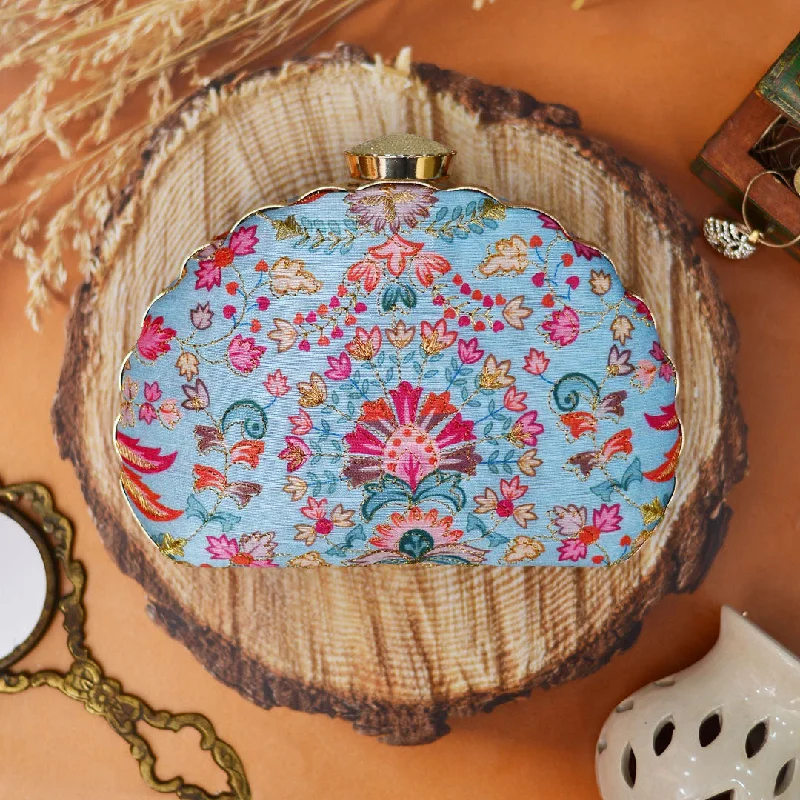 Clearance-Priced Bags Blue Floral Embroidered Moon Clutch