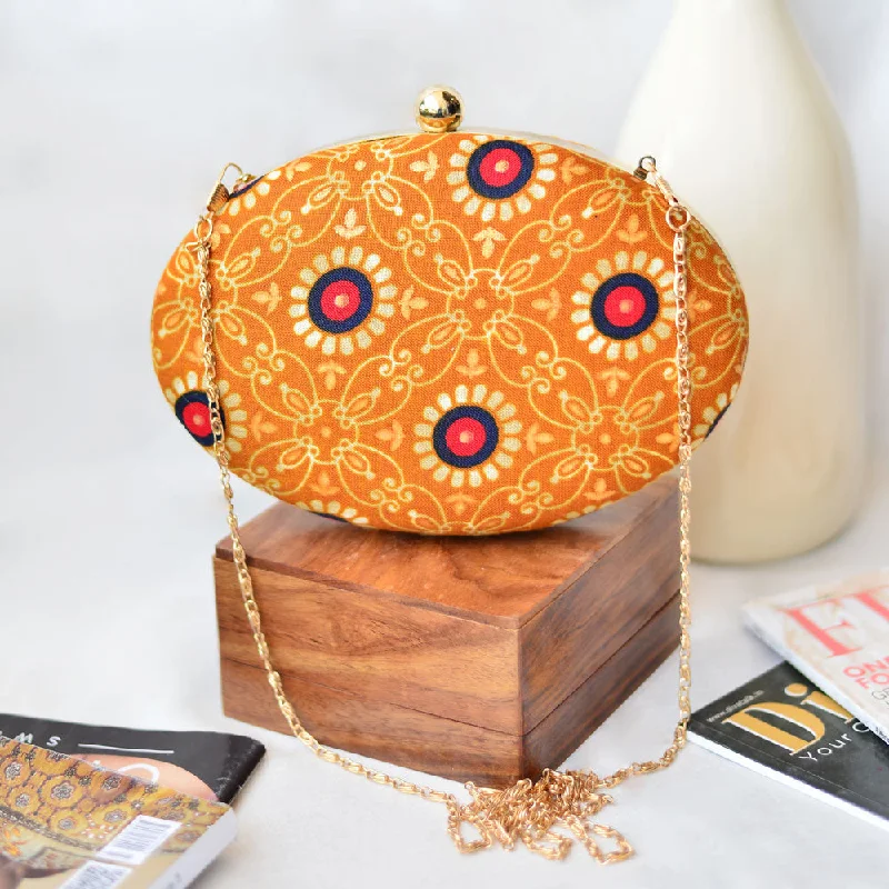 Affordable Bags For Budget Shoppers Gold Yellow Printed Oval Clutch