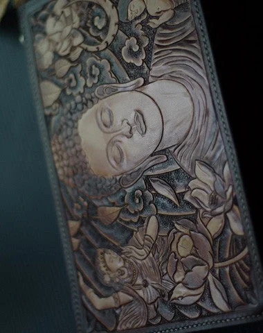 Vintage-Inspired Handmade men clutch vintage hand painting carved Sakyamuni leather clutch bag for men