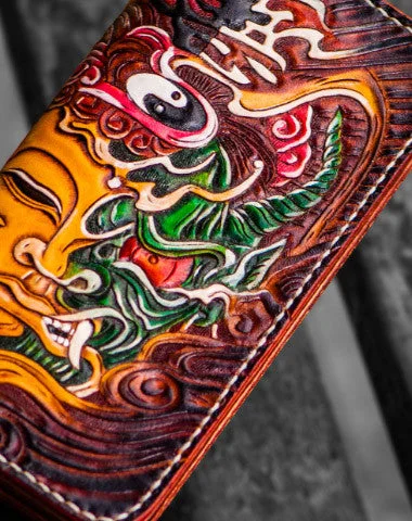 Lightweight Bags With Clearance Prices Handmade leather long tooled wallet Brown Buddha devil men clutch wallet