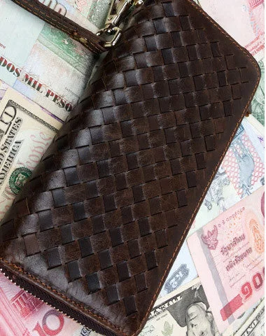 Inspired Bags For Affordable Luxury Handmade leather men modern brown coffee weave zip clutch men long wallet purse