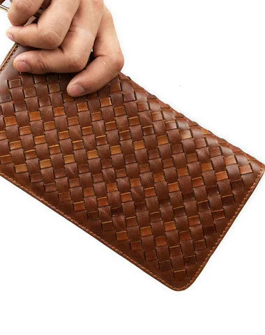 Affordable Bags Handmade leather men modern brown coffee weave zip clutch men long wallet purse