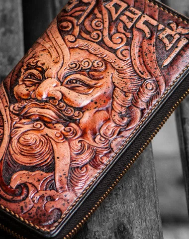 Trendy And Discounted Designer Handbags Handmade leather Sea God biker wallet clutch zip long wallet brown leather men Tooled