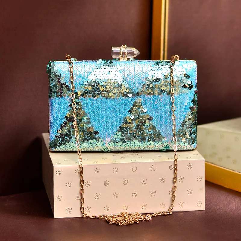 Stylish Bags With Discounts Light Blue Sequins Clutch