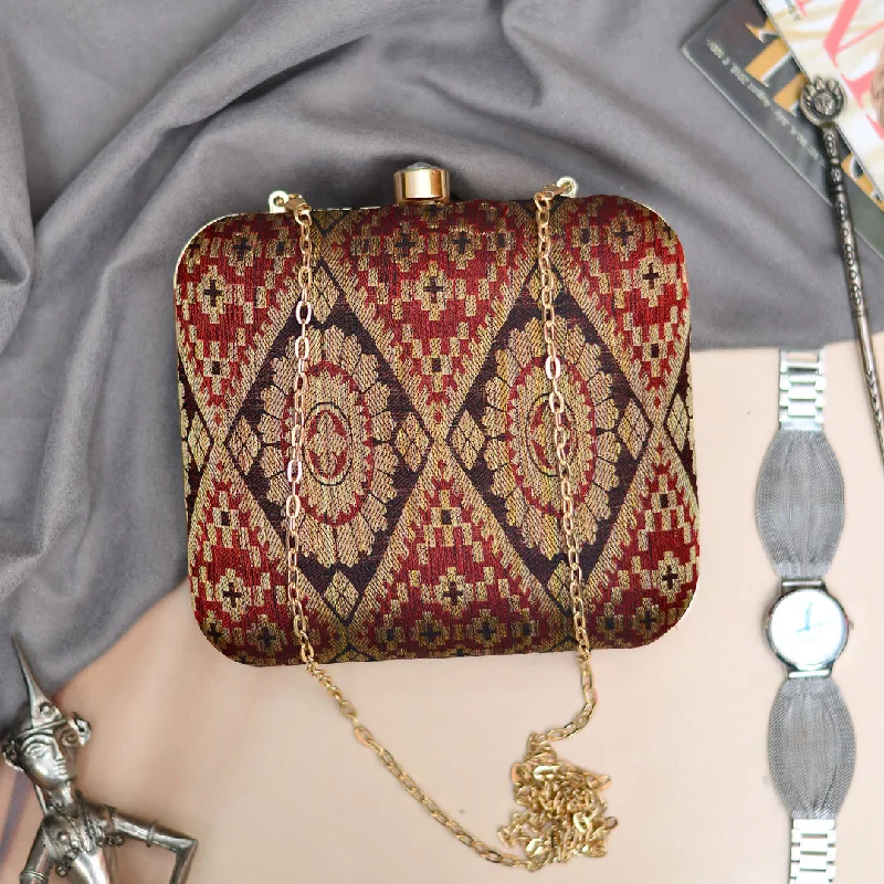 Luxury Bags On Sale Mahroon-Brown Brocade Fabric Clutch