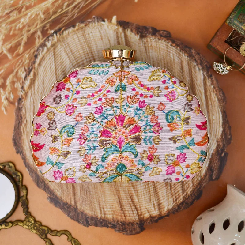 Trendy And Discounted Designer Handbags Pink Floral Embroidered Moon Clutch