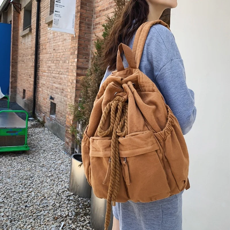 Flash Sale On Premium Bags Women Canvas School Backpacks for Girls Bookbags College Student School Bag Rucksack Drawstring Bagpack Lady Leisure Shoulder Bag