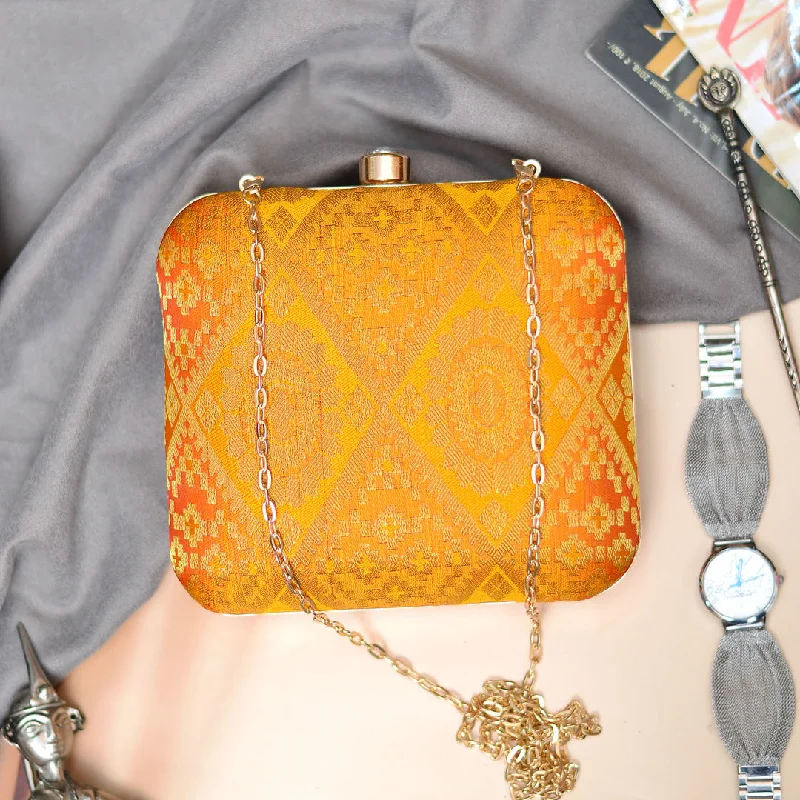 Inspired Bags For Timeless Elegance Yellow-Orange Brocade  Fabric Clutch