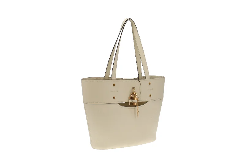 Seasonal Clearance Bags For Summer Chloe Cream Smooth and Grained Leather Medium Aby Tote