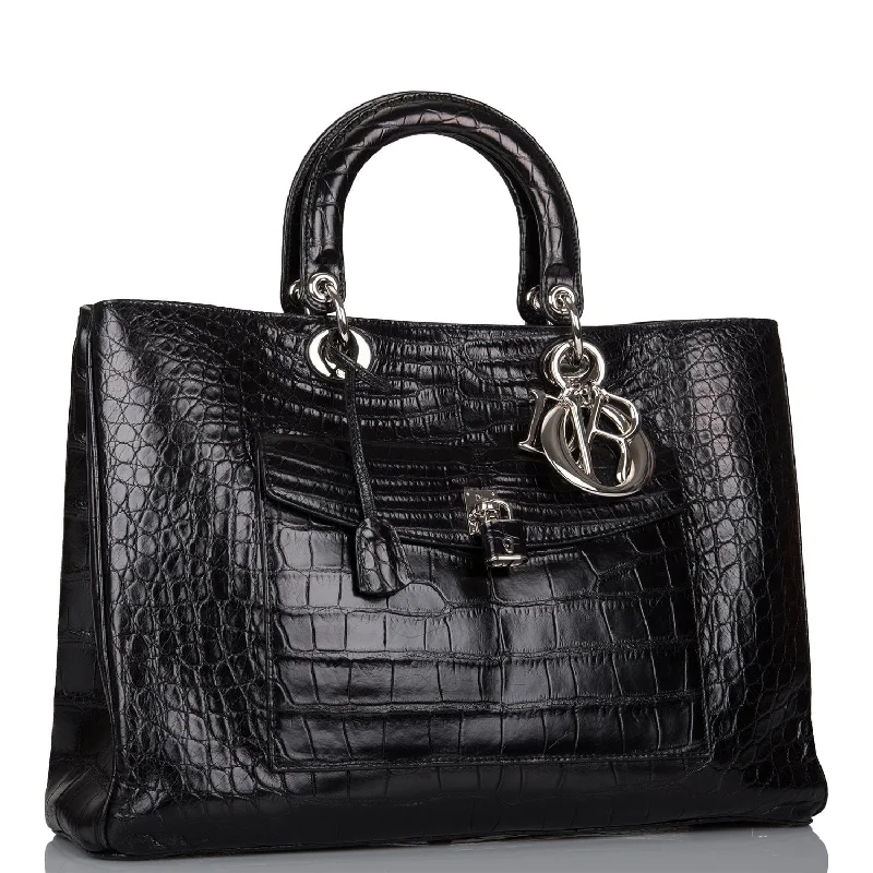 Discounted Designer Bags For Clearance Sale Christian Dior Diorissimo Pocket Tote Black Matte Alligator Silver Hardware