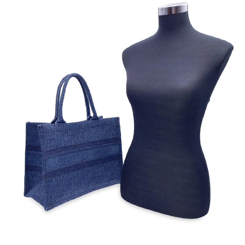 Designer Bags For Luxury Collectors CHRISTIAN DIOR Blue Denim Oblique Medium Book Tote Bag Handbag