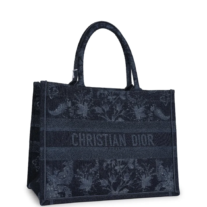 Handbag For Fashion Christian Dior Blue Flower Embroidered Denim Small Book Tote