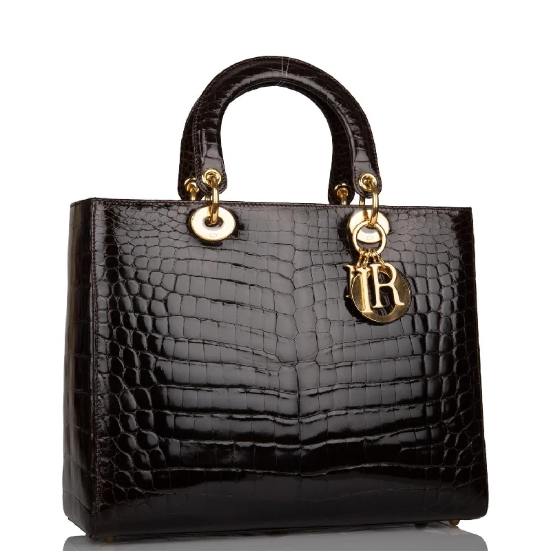 Bags For Sporty And Athletic Styles Christian Dior Dark Brown Large Lady Dior Alligator Tote Gold Hardware