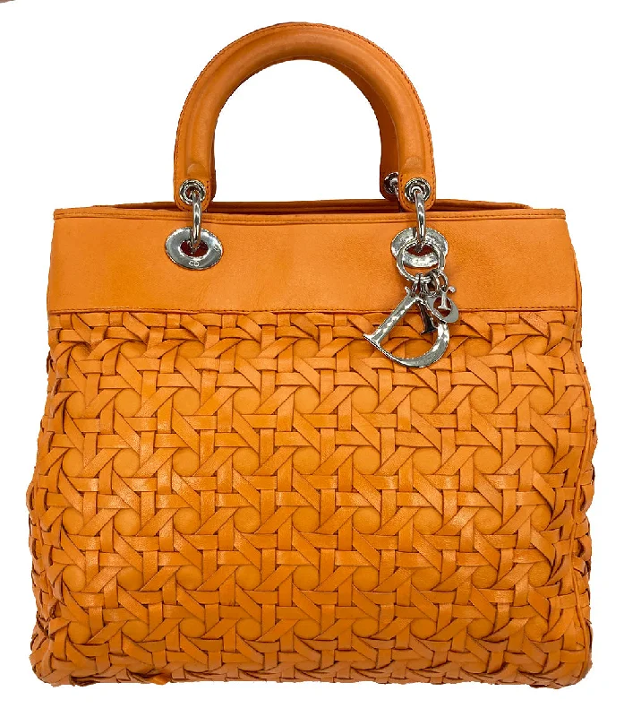 Uxury Designer Handbag Brands Christian Dior Woven Leather Orange Lady Dior Avenue Tote