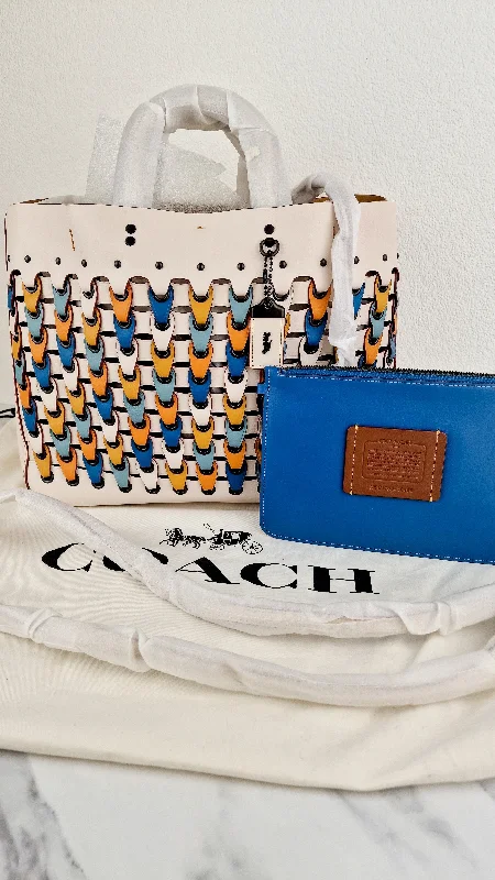 Trendy Festival Bags With Limited-Time Offers Coach 1941 Rogue Tote Bag With Links in Chalk Smooth Leather Blue, Yellow Colorblock Handbag - Coach 10496