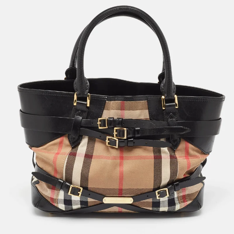 Elegant Bags For Formal Events And Luxury Occasions Burberry Black/beige House Check Fabric Medium Bridle Lynher Tote