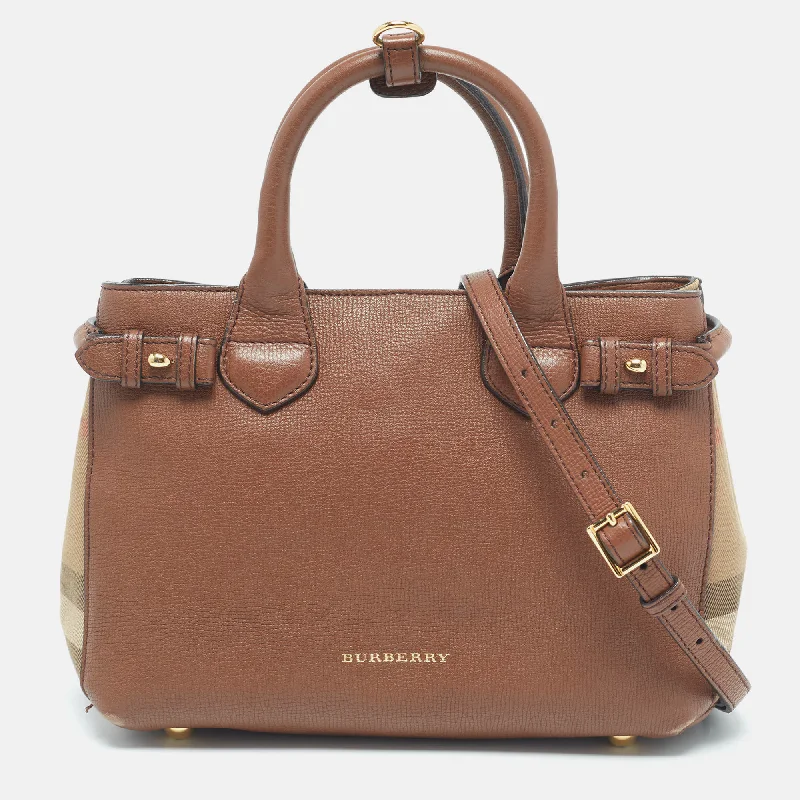 Designer-Inspired Bags At Budget-Friendly Prices Burberry Brown Leather And House Check Fabric Small Banner Tote..