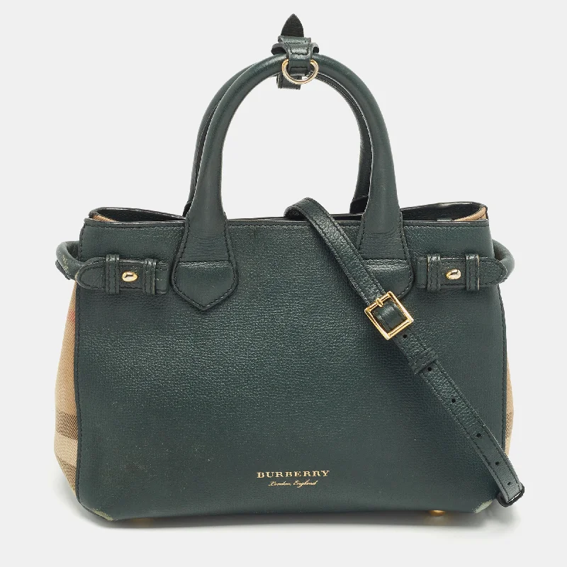 Chic Bags For Office Professionals And Urban Dwellers Burberry Green/beige Leather And House Check Fabric Small Banner Tote