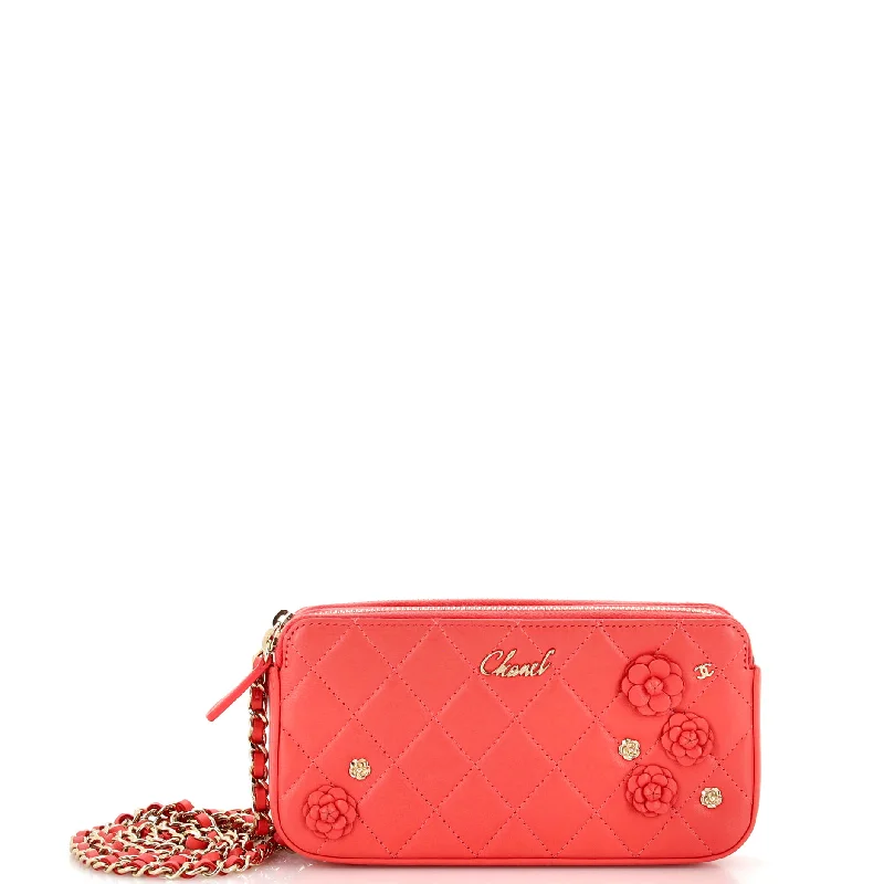 Vintage-Inspired Camellia Charms Double Zip Clutch with Chain Quilted Lambskin