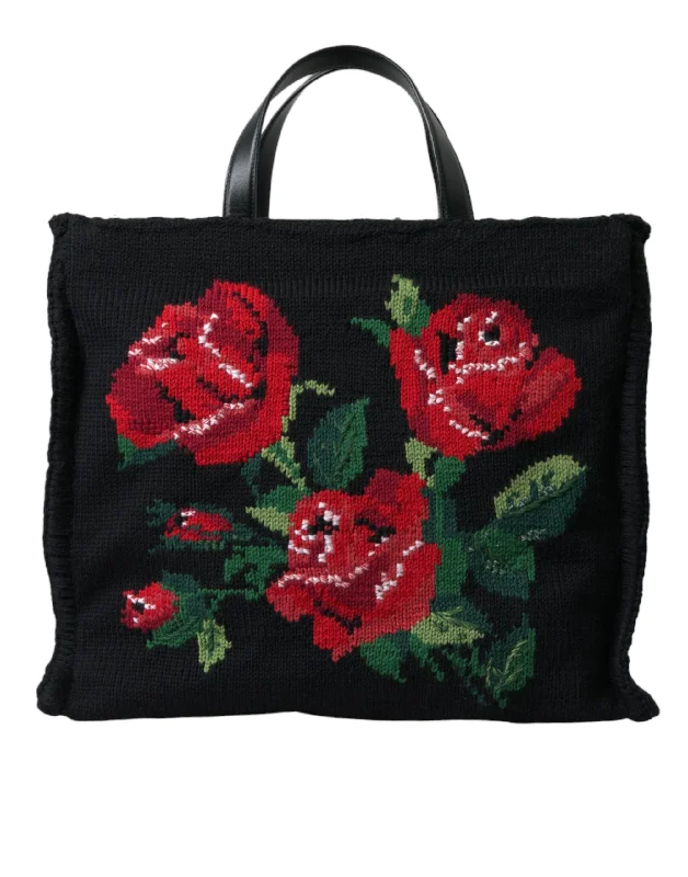 Stylish Yet Affordable Bags Dolce & Gabbana Black Cashmere Rose Embroidery Shopping Tote Bag