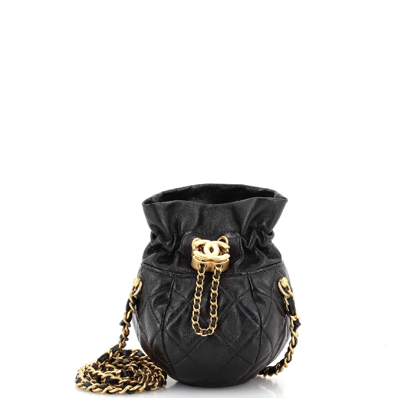 Vintage Bags For Retro And Classic Fashion Lovers Drawstring CC Round Bucket Clutch with Chain Quilted Lambskin Mini