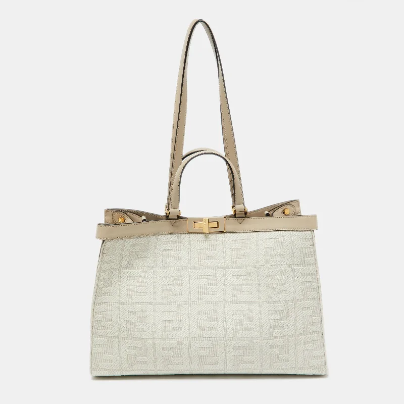 Durable And Fashionable Bags For Daily Use Fendi Beige Zucca Canvas And Leather Medium Ff Peekaboo X Tote..