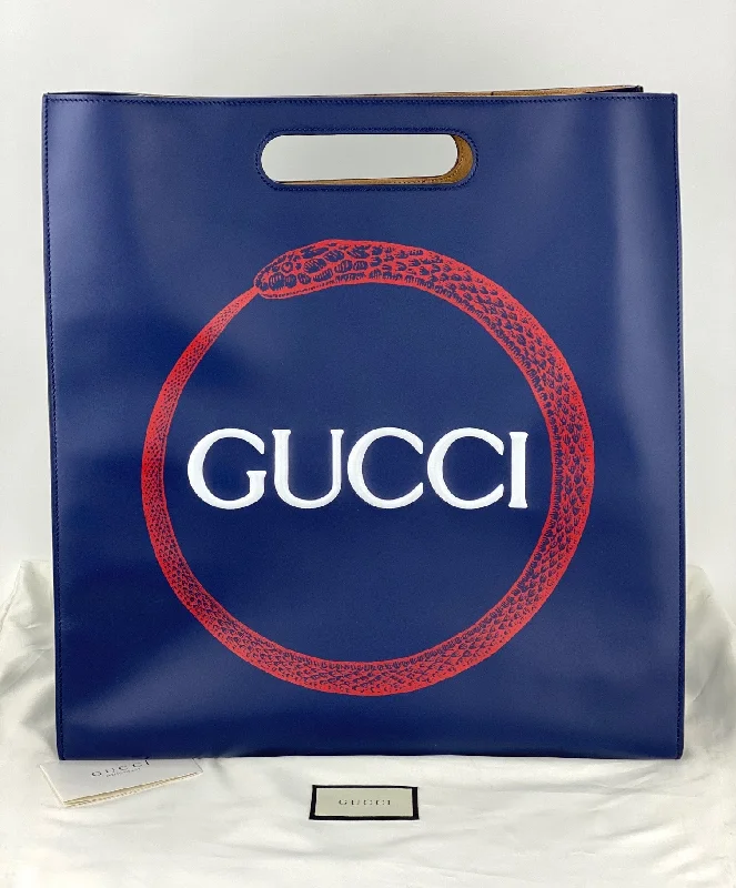 Designer Bags For Luxury Collectors With Offers Gucci XL Printed Blue Leather Tote Shopping Bag Red Snake Authentic Preowned