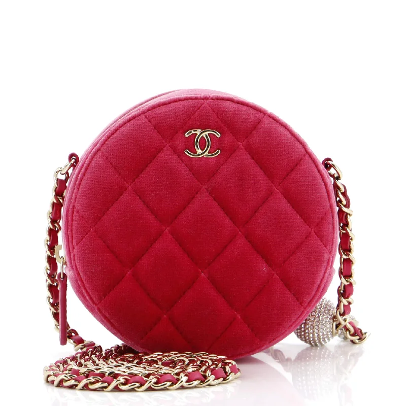 Affordable Bags For Budget Shoppers Pearl Crush Round Clutch with Chain Quilted Velvet with Crystal Detail