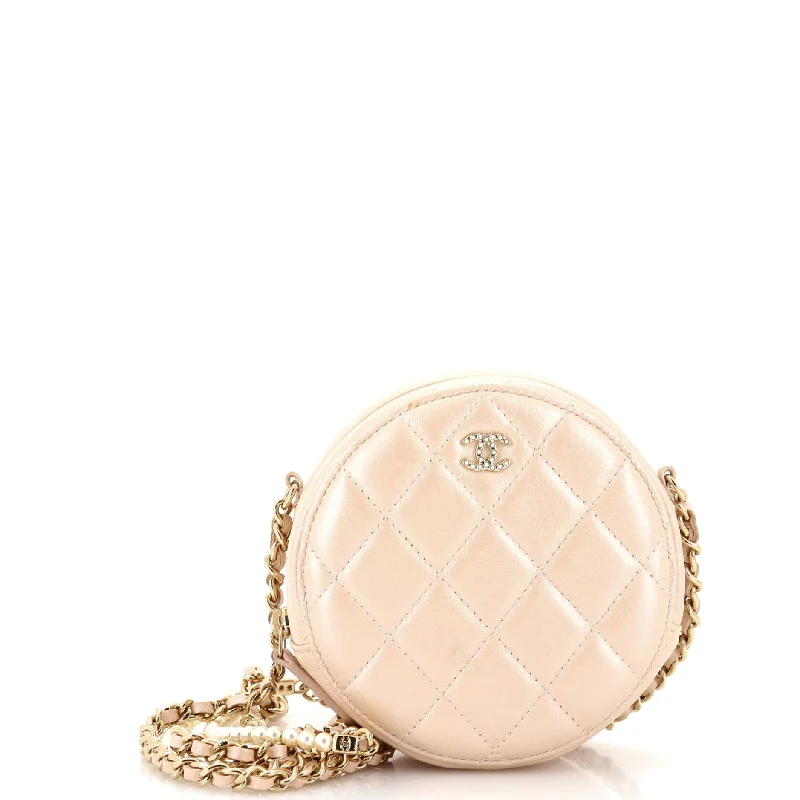 Stylish Bags For Fashion Bloggers Pearl Strap Round Clutch with Chain Quilted Iridescent Lambskin