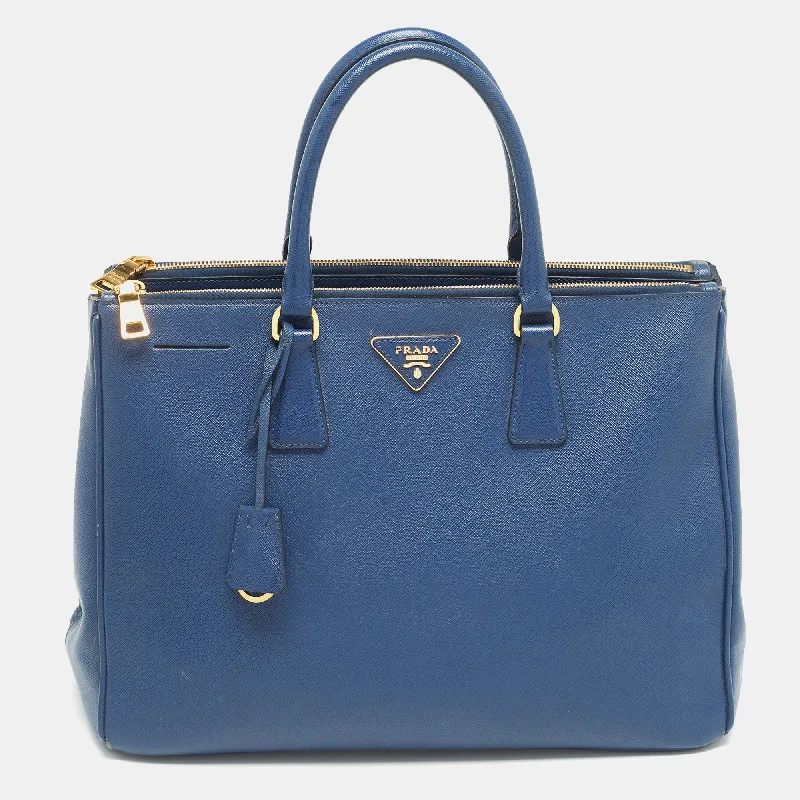 Stylish Bags For Fashion Influencers And Bloggers Prada Navy Blue Saffiano Lux Leather Large Double Zip Tote..