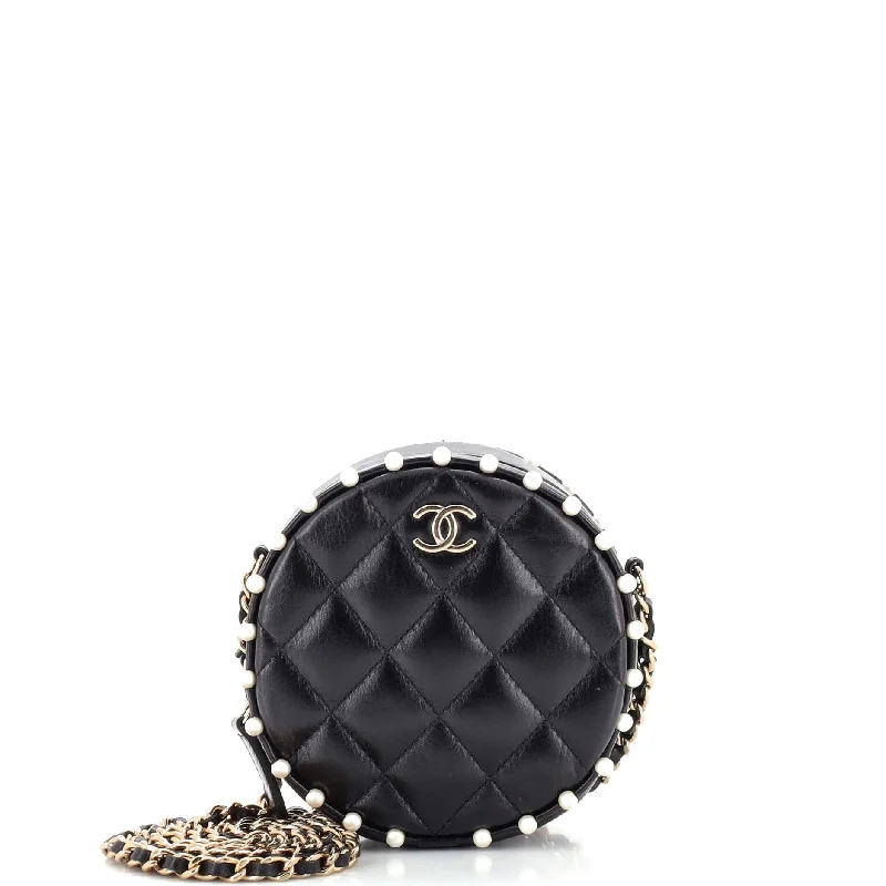 Retro Lovers Round Clutch with Chain Quilted Calfskin with Pearl Detail