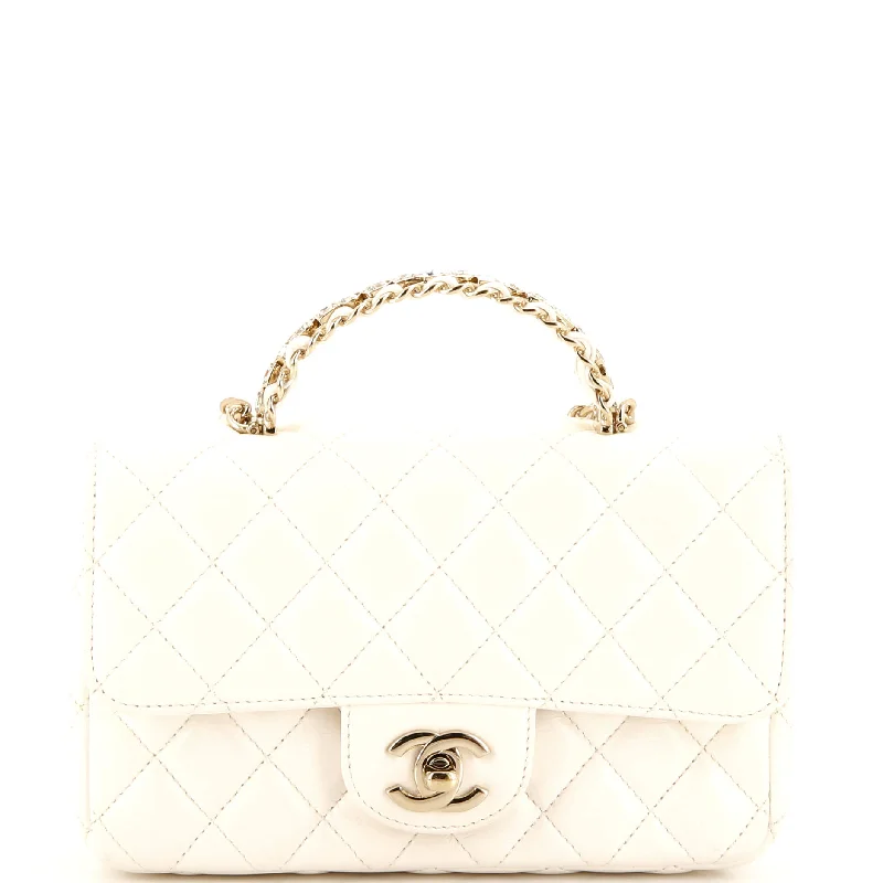 High-Quality Bags Crystal Chain Flap Top Handle Bag Quilted Lambskin Small