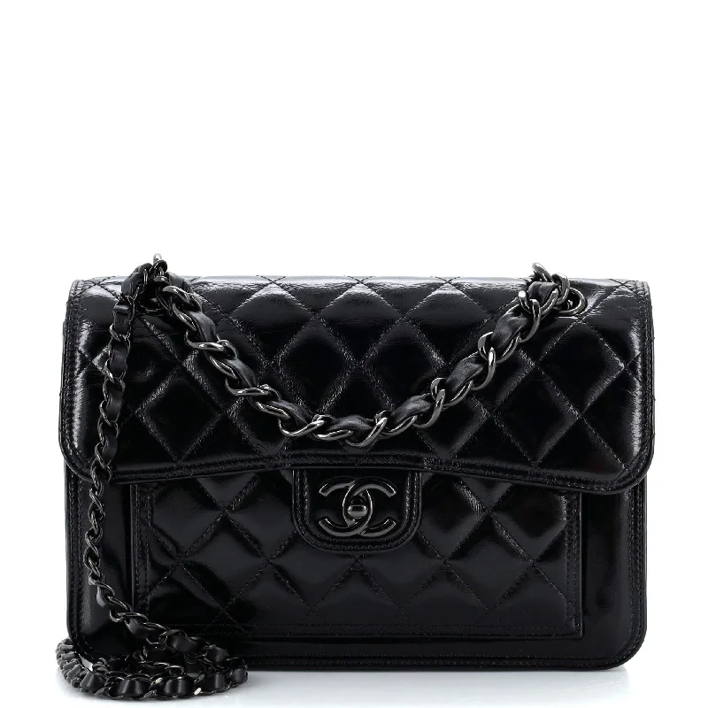 Uxury Designer Handbag Brands So Black CC Front Pocket Chain Flap Bag Quilted Shiny Calfskin Medium